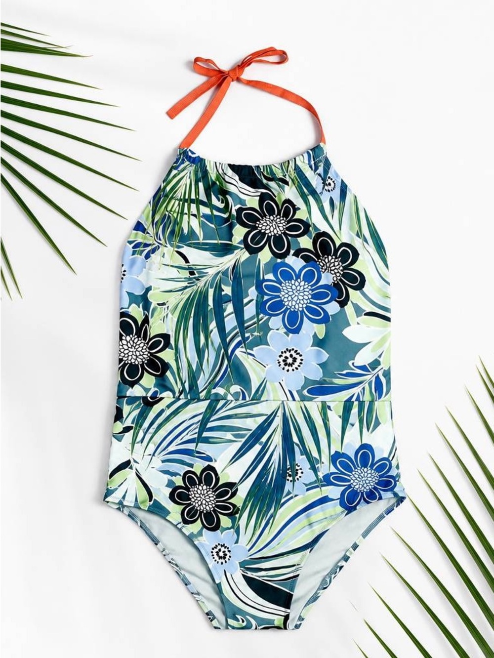 Aerie Retro Floral Halter One‑Piece Swimsuit Blue‑Green + Orange Tie Women’s XL